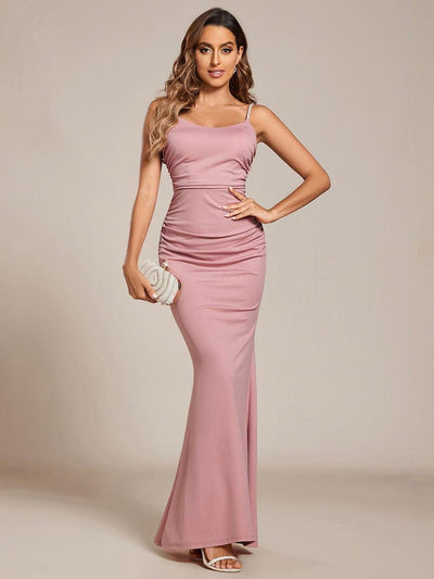 Glitter Spaghetti Strap U-Veck Open Back Bodycon Stretchy Evening Dress #color_Dusty Rose