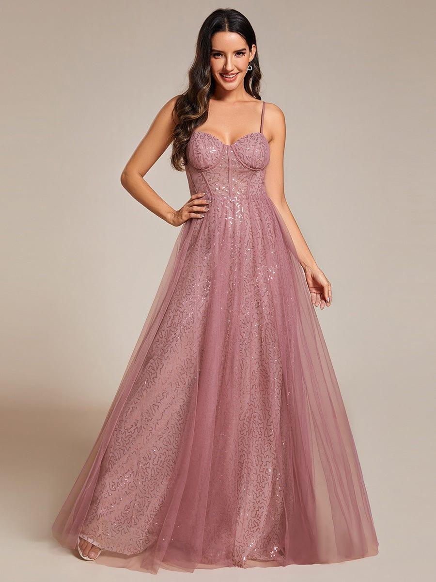 Spaghetti Straps Illusion Sleeveless A-Line Sequin Evening Dress with Tulle Cover #color_Purple Orchid