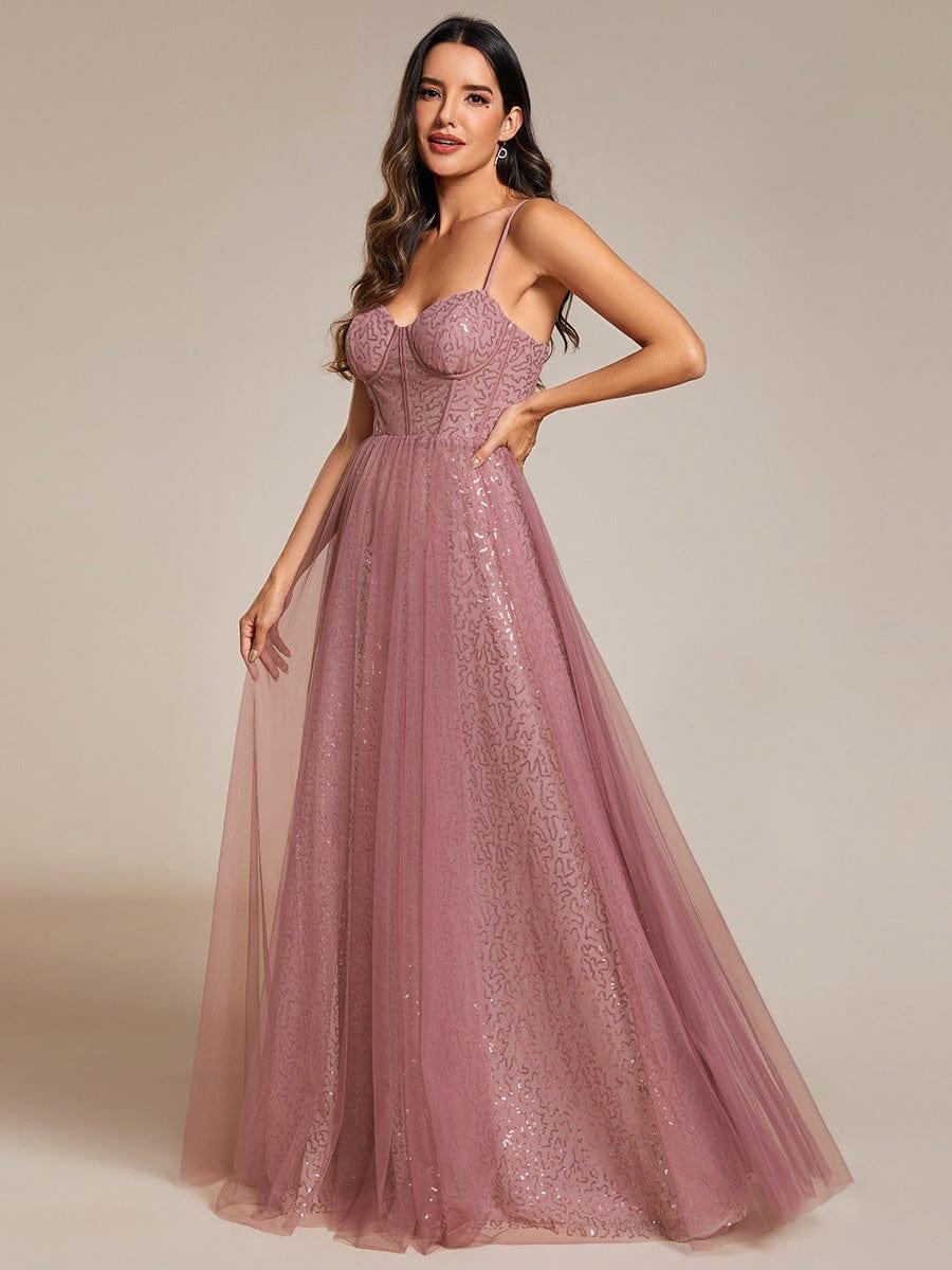 Spaghetti Straps Illusion Sleeveless A-Line Sequin Evening Dress with Tulle Cover #color_Purple Orchid