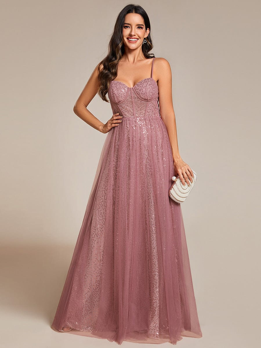 Spaghetti Straps Illusion Sleeveless A-Line Sequin Evening Dress with Tulle Cover #color_Purple Orchid