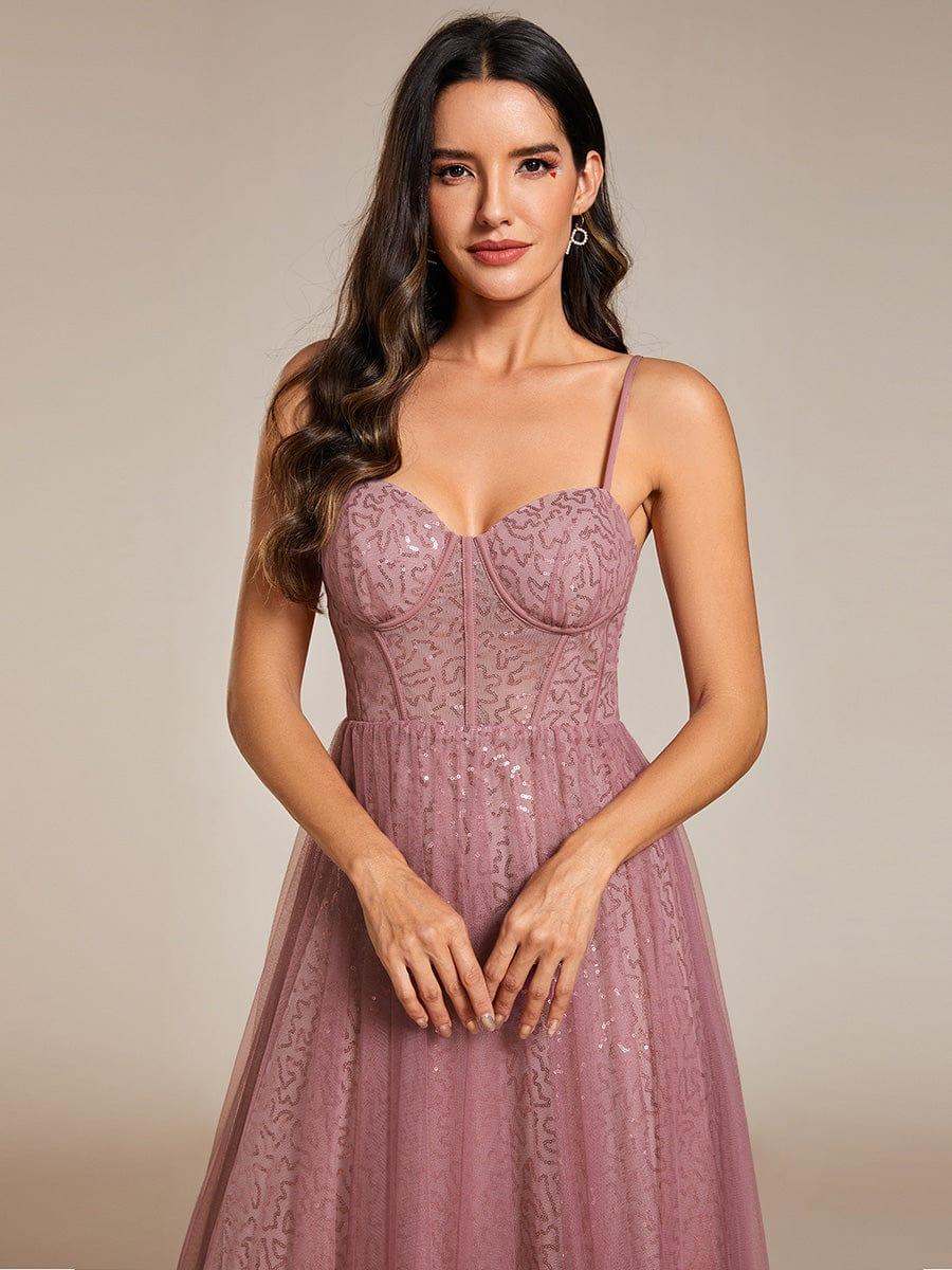 Spaghetti Straps Illusion Sleeveless A-Line Sequin Evening Dress with Tulle Cover #color_Purple Orchid