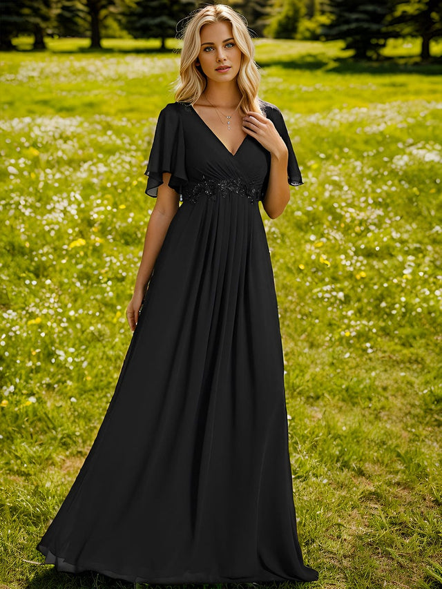 ever IVYROSE|Ruffles Sleeve A-Line Chiffon Waist Applique Maxi Mother of the Bride Dress Fan Photos 8
