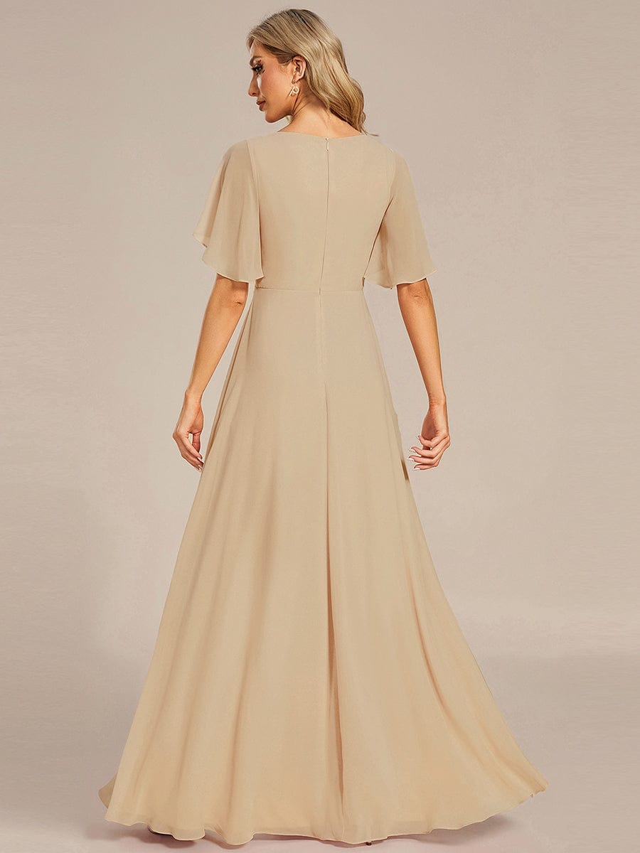 Ruffles Sleeve A-Line Chiffon Waist Applique Maxi Evening Dress #color_Champagne