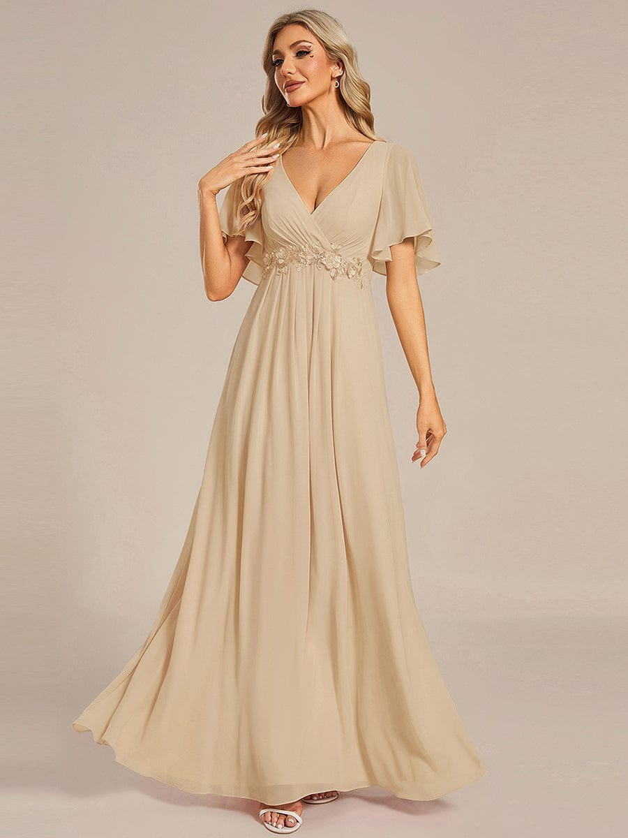 Ruffles Sleeve A-Line Chiffon Waist Applique Maxi Evening Dress #color_Champagne