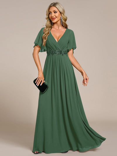 Ruffles Sleeve A-Line Chiffon Waist Applique Maxi Mother of the Bride Dress #color_Eucalyptus