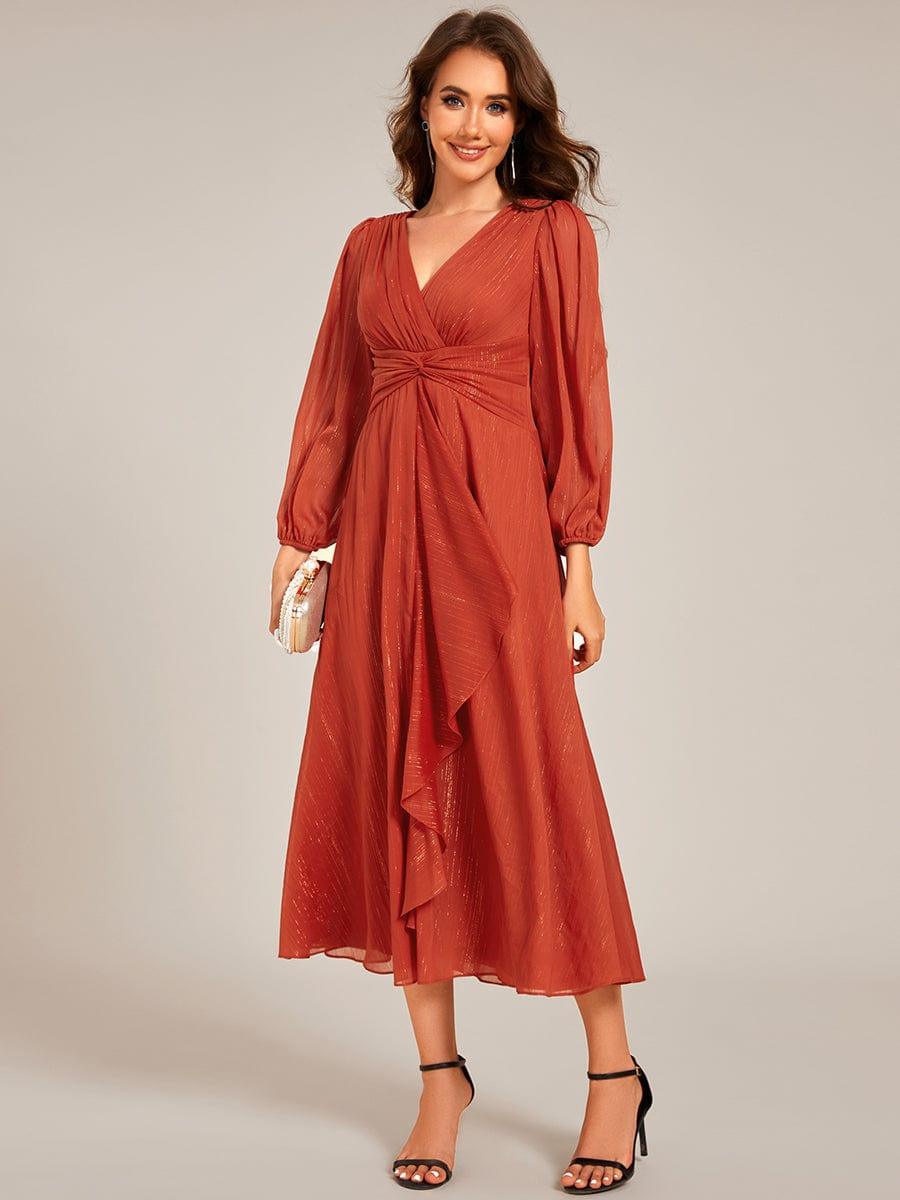 Long Sleeve A-Line Shimmering Evening Dress #color_Burnt Orange