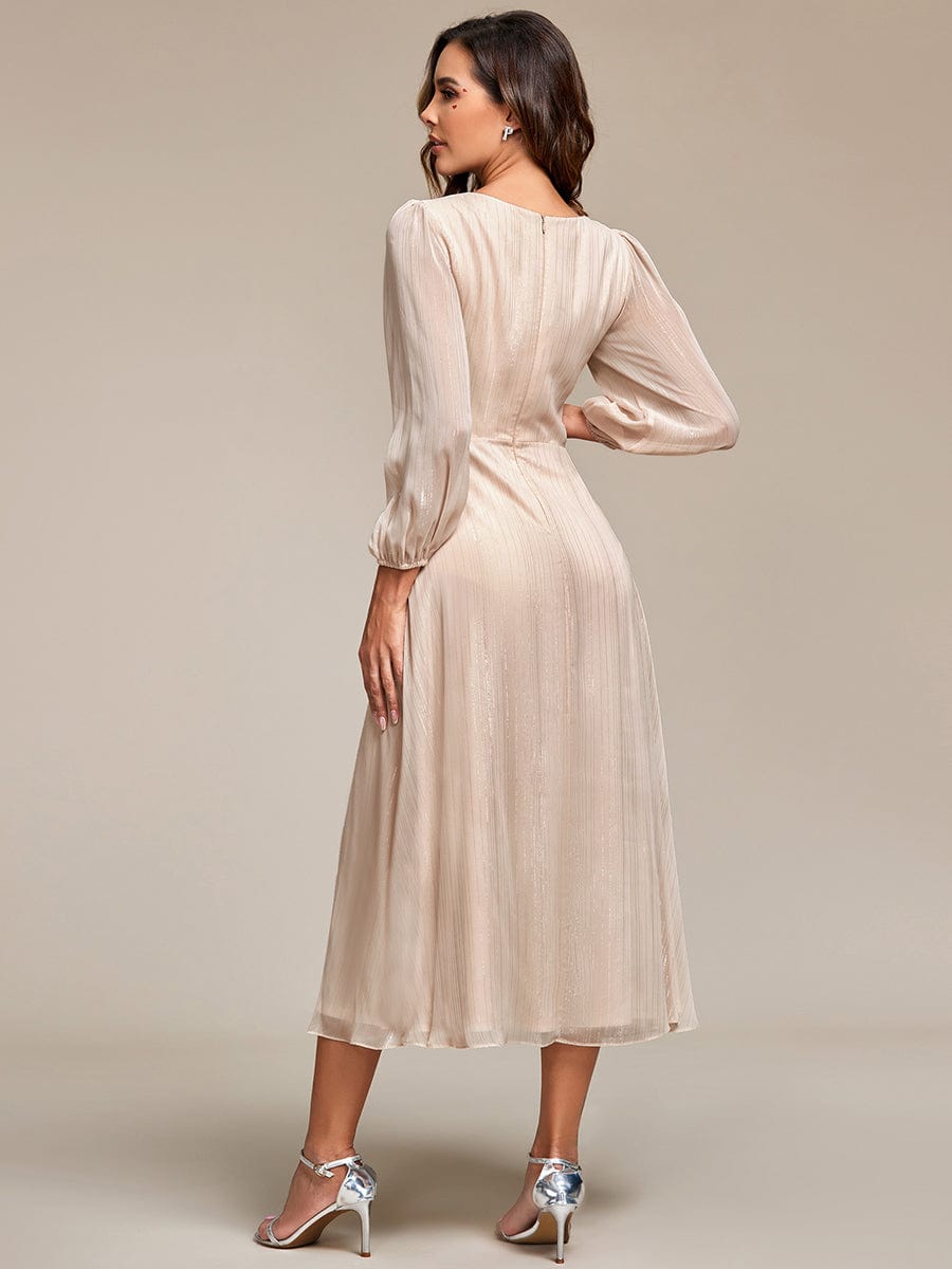 See-Through Long Sleeve Twist Knot A-Line Lotus Leaf Shimmering Evening Dress #color_Champagne
