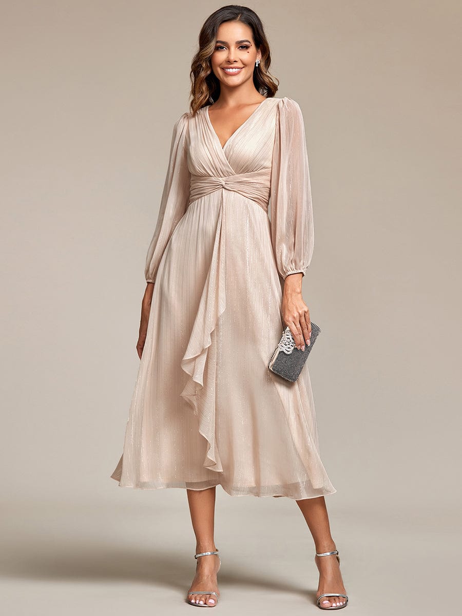 See-Through Long Sleeve Twist Knot A-Line Lotus Leaf Shimmering Evening Dress #color_Champagne