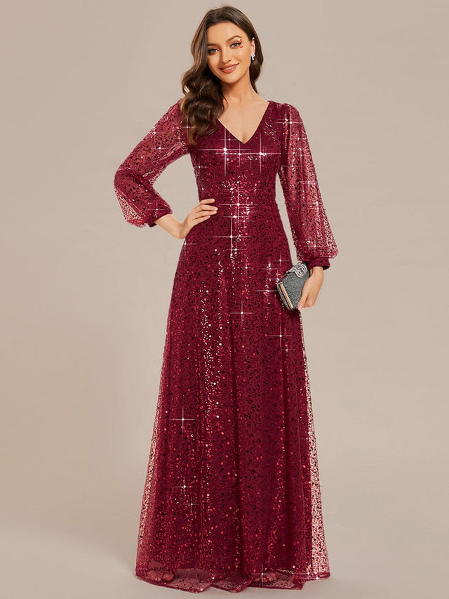 Glittering Long Lantern Sleeve Sequin A-Line V-Neck Evening Dress ...