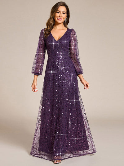 Shimmering All Over V-Neck Long Lantern Sleeve Sequin A-Line Evening Dress #color_Dark Purple