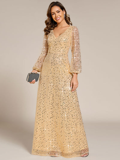 Shimmering All Over V-Neck Long Lantern Sleeve Sequin A-Line Evening Dress #color_Gold