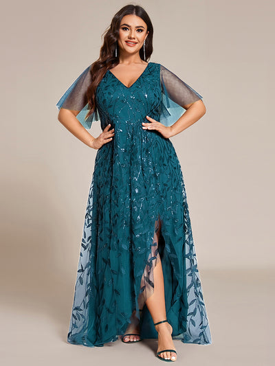 Plus Size Short Sleeves Sequin High Low V-Neck Midi Formal Evening Dress #color_Teal
