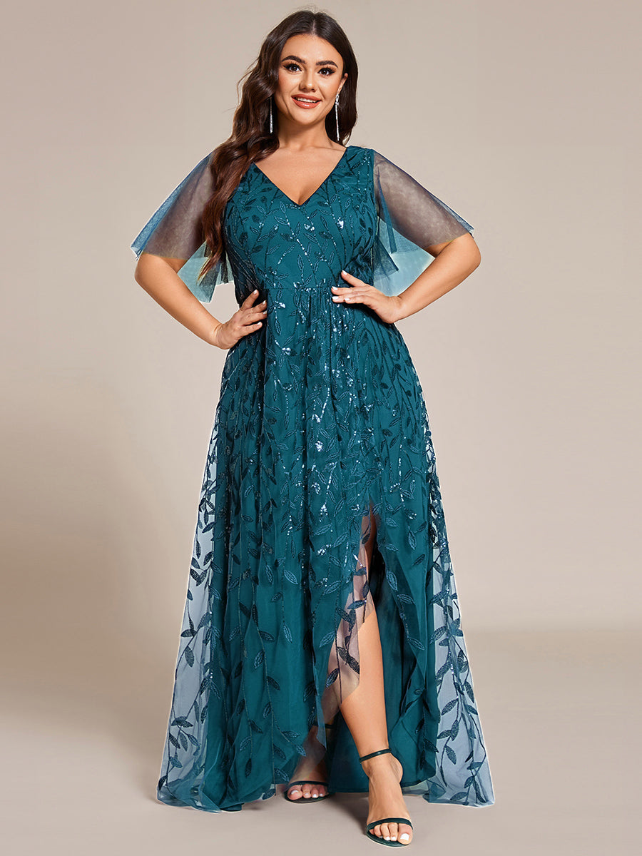 Plus Size Short Sleeves Sequin High Low V-Neck Midi Formal Evening Dress #color_Teal