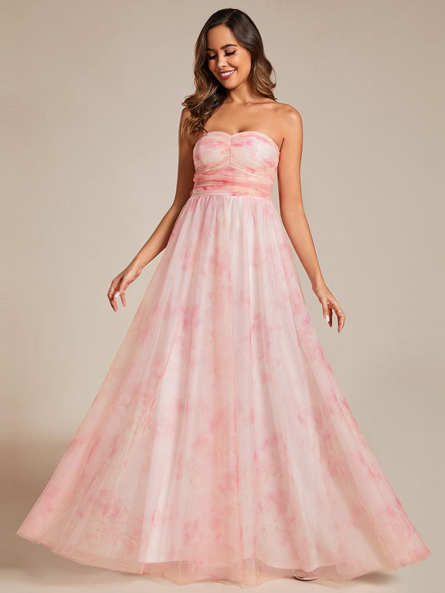 Floral Printed Empire Waist Strapless Formal Evening Dress with A-line #color_Pink