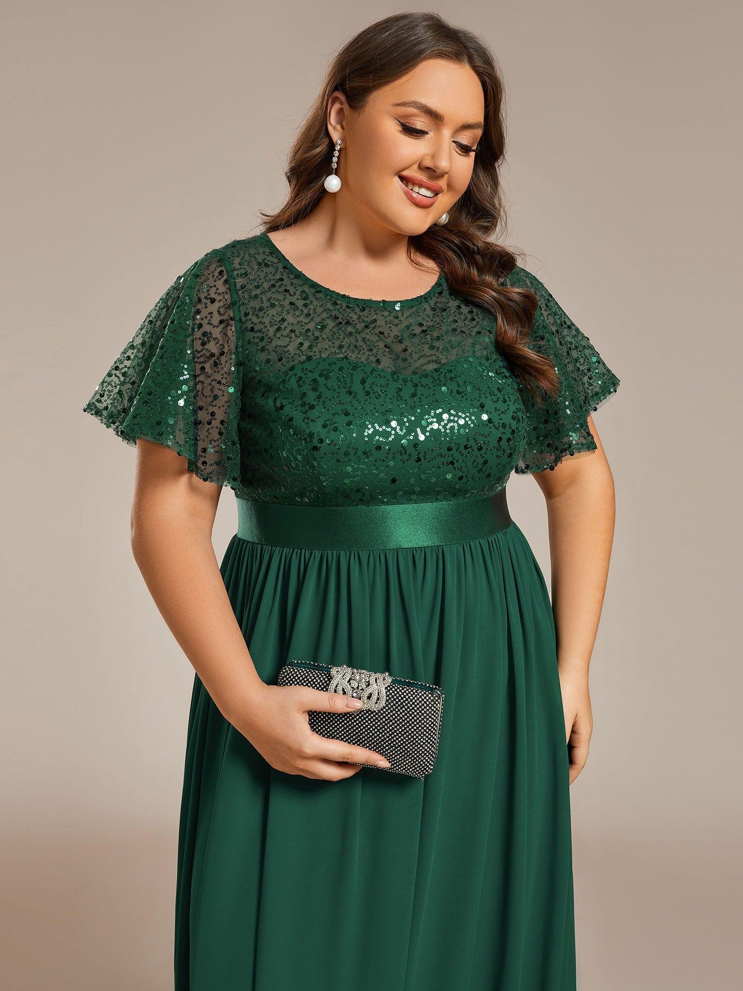 Plus Size Round-Neck Sequin High Waist Short-Sleeved Formal Evening Dress #color_Dark Green