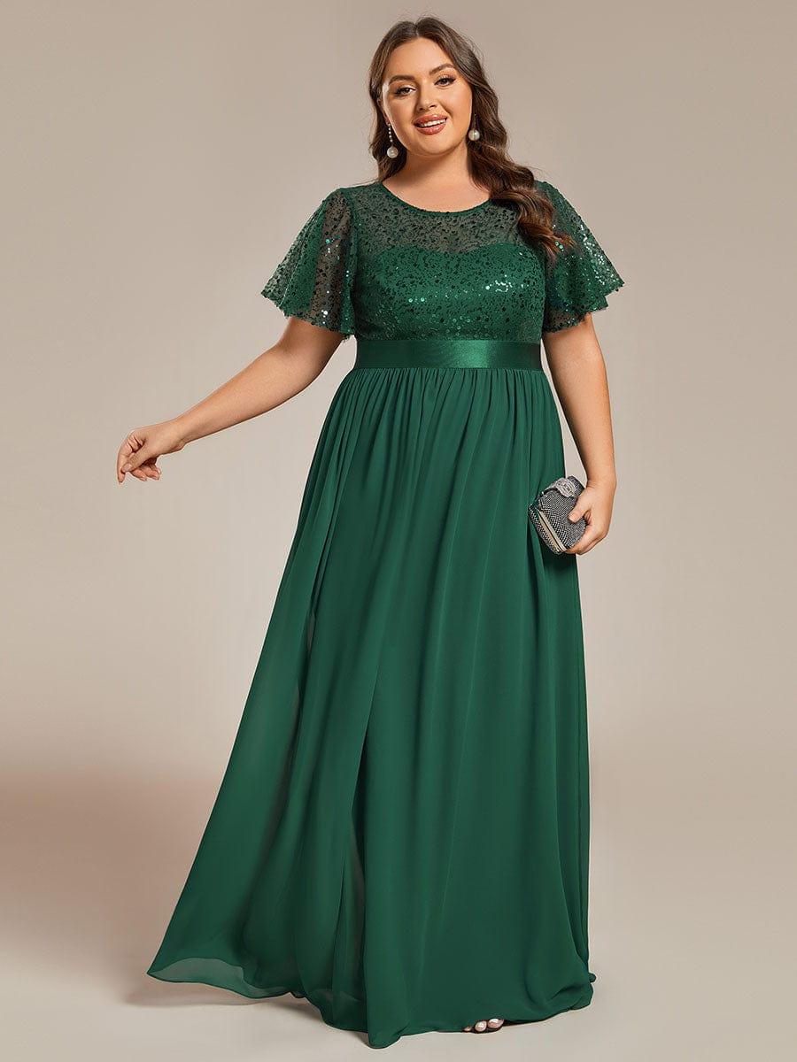 Plus Size Round-Neck Sequin High Waist Short-Sleeved Formal Evening Dress #color_Dark Green