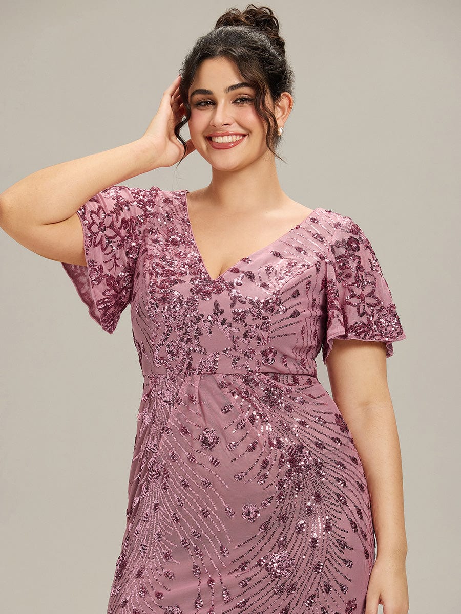 Floral Sequin  Ruffled Sleeve Mermaid Formal Dresses #color_Purple Orchid
