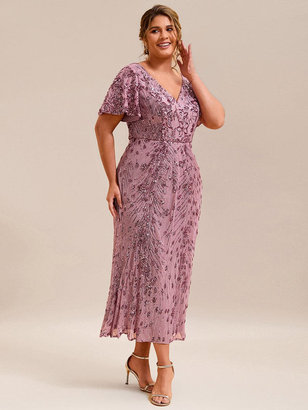 Plus Round Neck Long Sleeves Formal Evening Dress with Sequin Bodice and Satin Mermaid Skirt