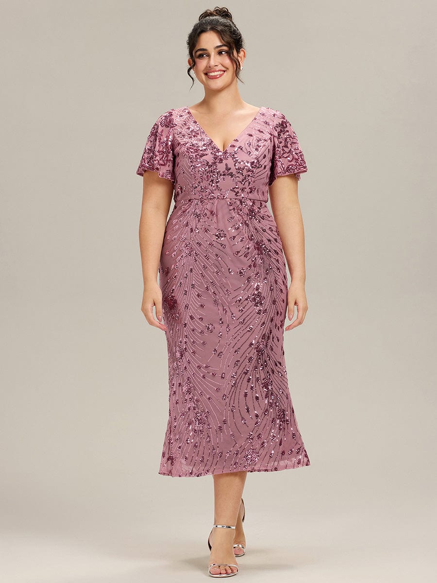 Floral Sequin  Ruffled Sleeve Mermaid Formal Dresses #color_Purple Orchid
