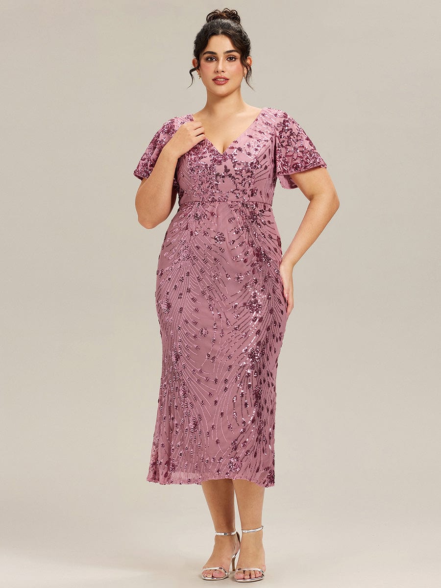 Floral Sequin  Ruffled Sleeve Mermaid Formal Dresses #color_Purple Orchid