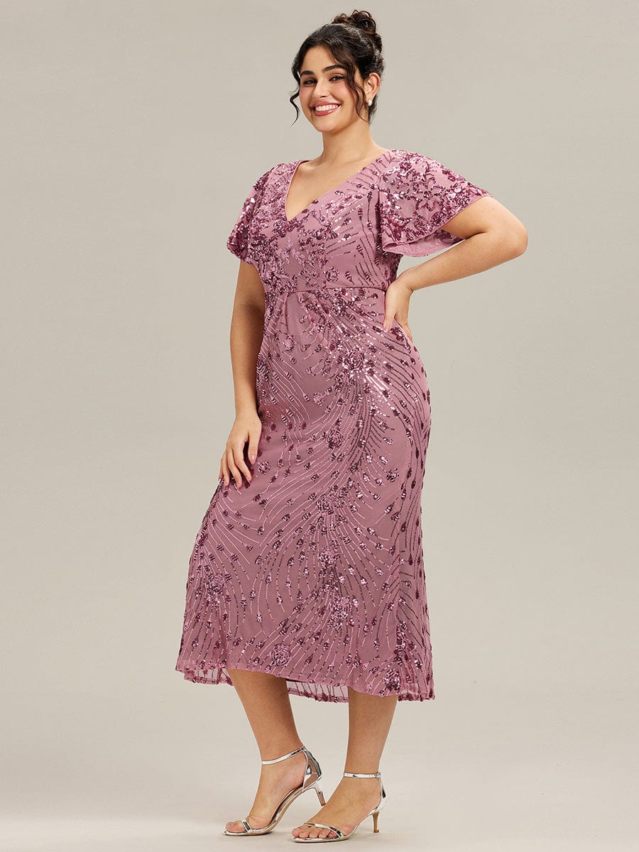 Floral Sequin  Ruffled Sleeve Mermaid Formal Dresses #color_Purple Orchid