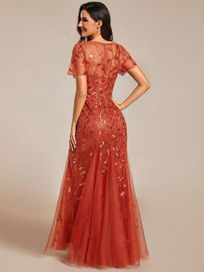 Floral Sequin Maxi Fishtail Tulle Prom Dress with Half Sleeve #Color_Burnt Orange