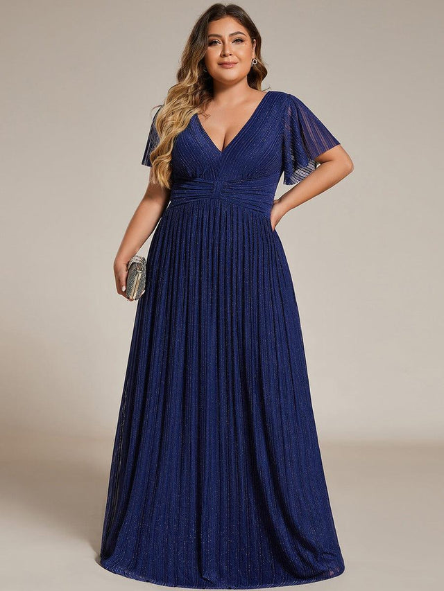 Glittery Empire Waist Short Sleeves Formal Evening Dress with V-Neck