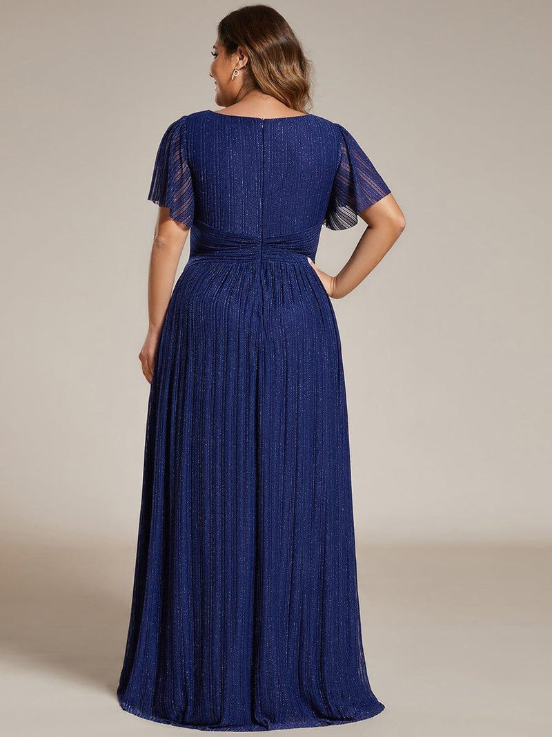 Glittery Empire Waist Short Sleeves Formal Evening Dress with V-Neck