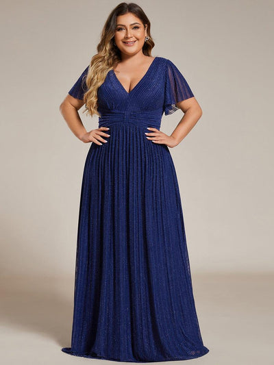 Plus Size V-Neck Glittery Short Sleeves Formal Evening Dress with Empire Waist #color_Navy Blue