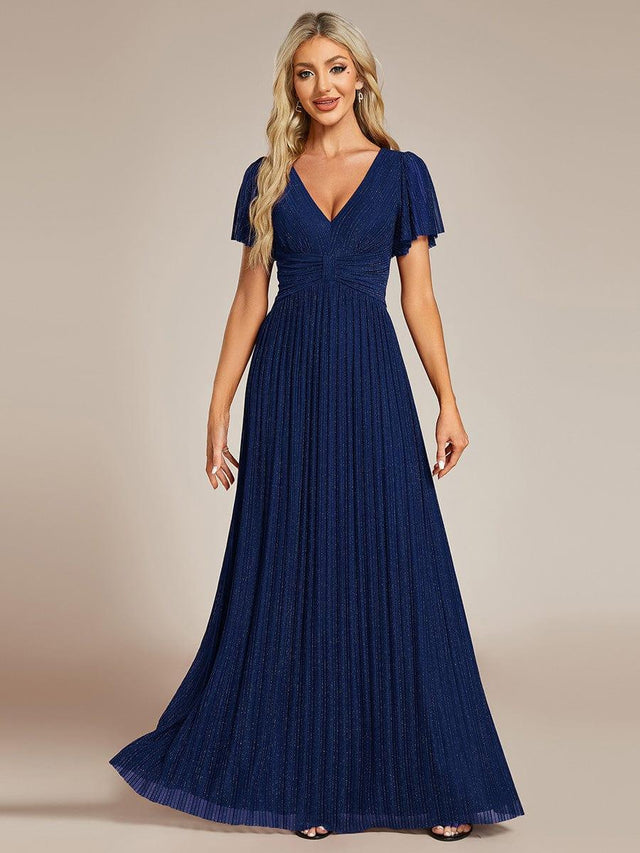 Glittery Empire Waist Short Sleeves Formal Evening Dress with V-Neck