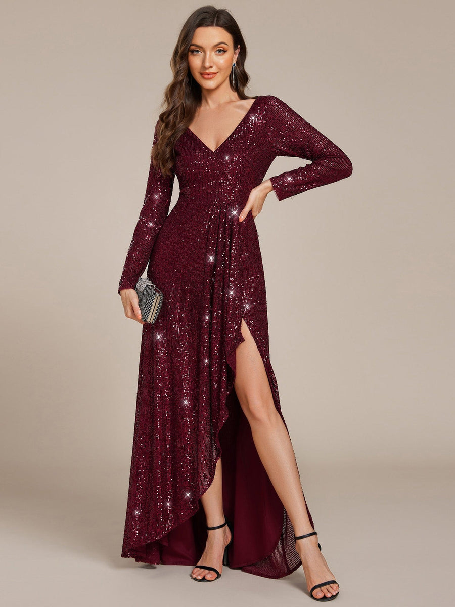 A-line Long Sleeve High Slit Sequin Evening Dress