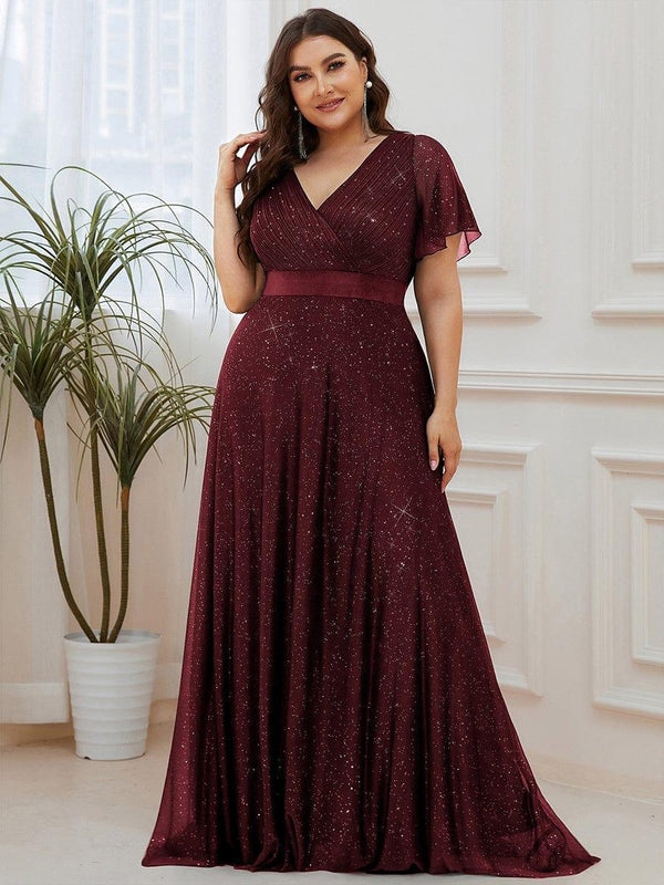 ever LIORÉ|Plus Size V Neck Ribbon Waist Formal Evening Dress With Sleeves