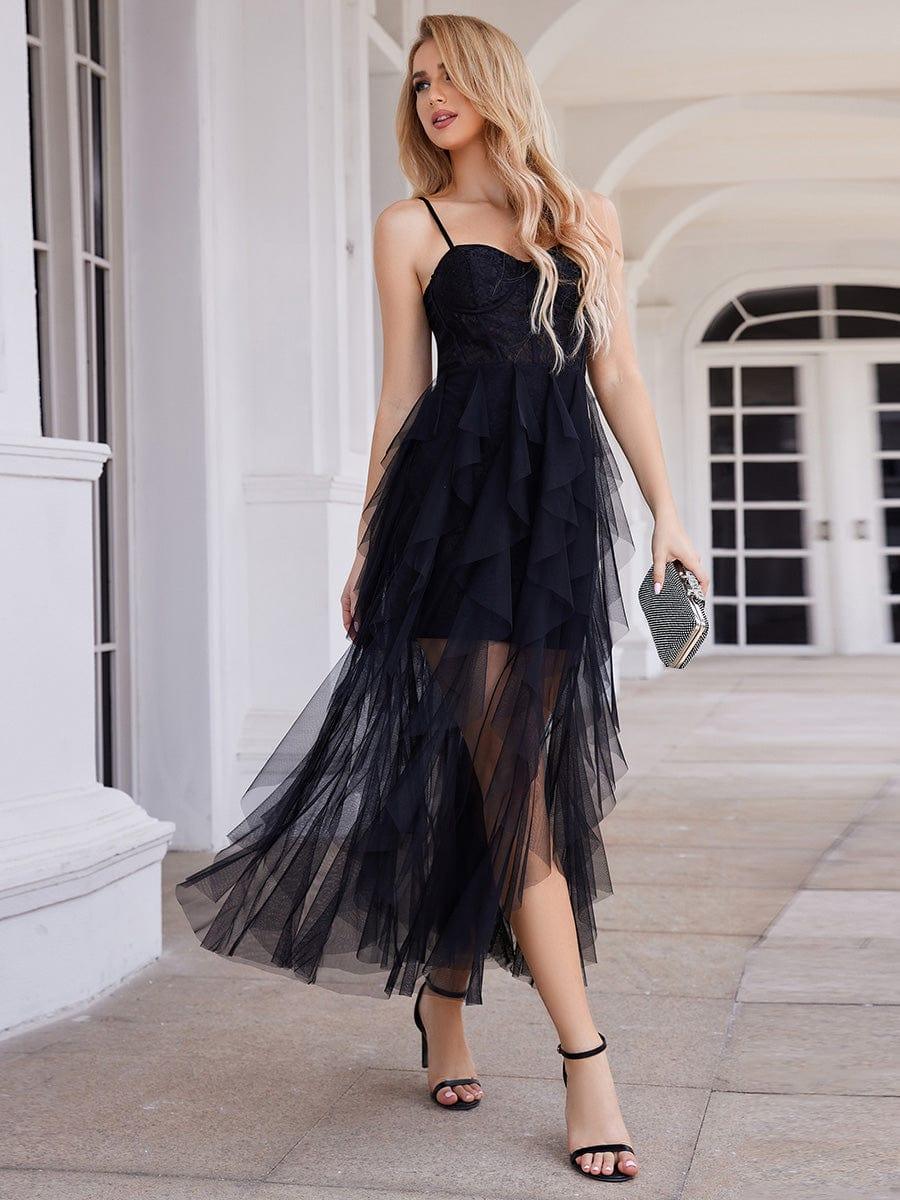 Corset Top Sweetheart See-Through Tulle Sleeveless Evening Dress #color_Black