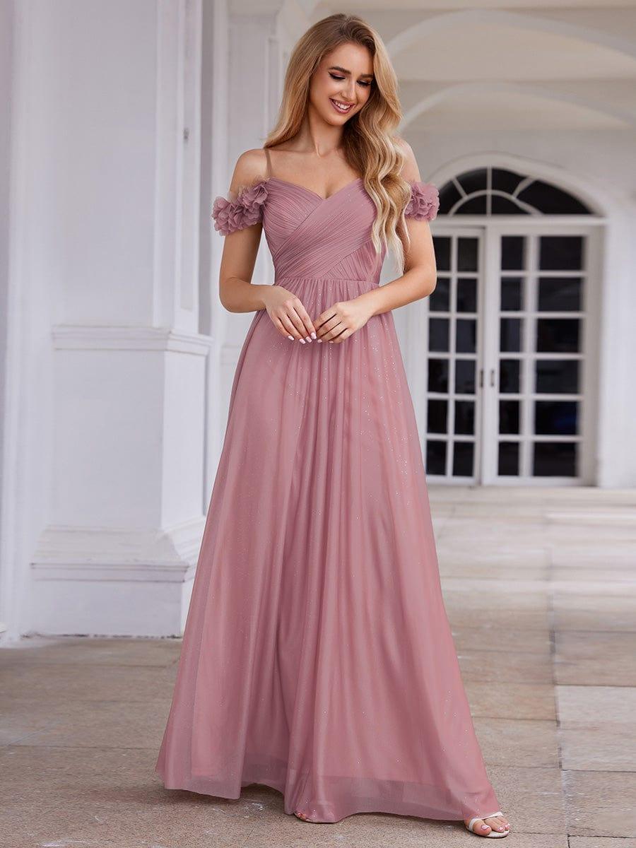 Sparkling V-Neck Floral Cold-Shoulder Evening Dress with Pleated #color_Purple Orchid