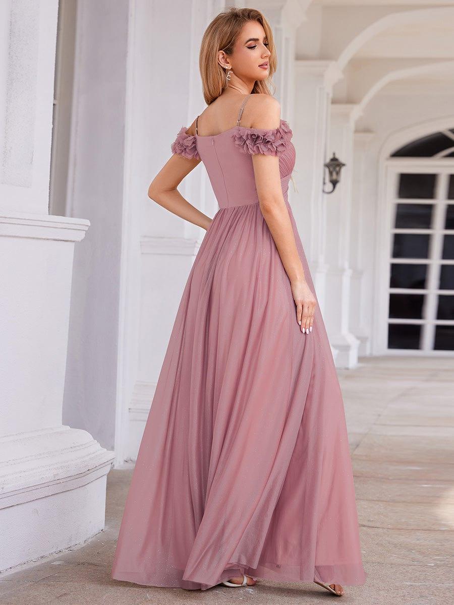 Sparkling V-Neck Floral Cold-Shoulder Evening Dress with Pleated #color_Purple Orchid