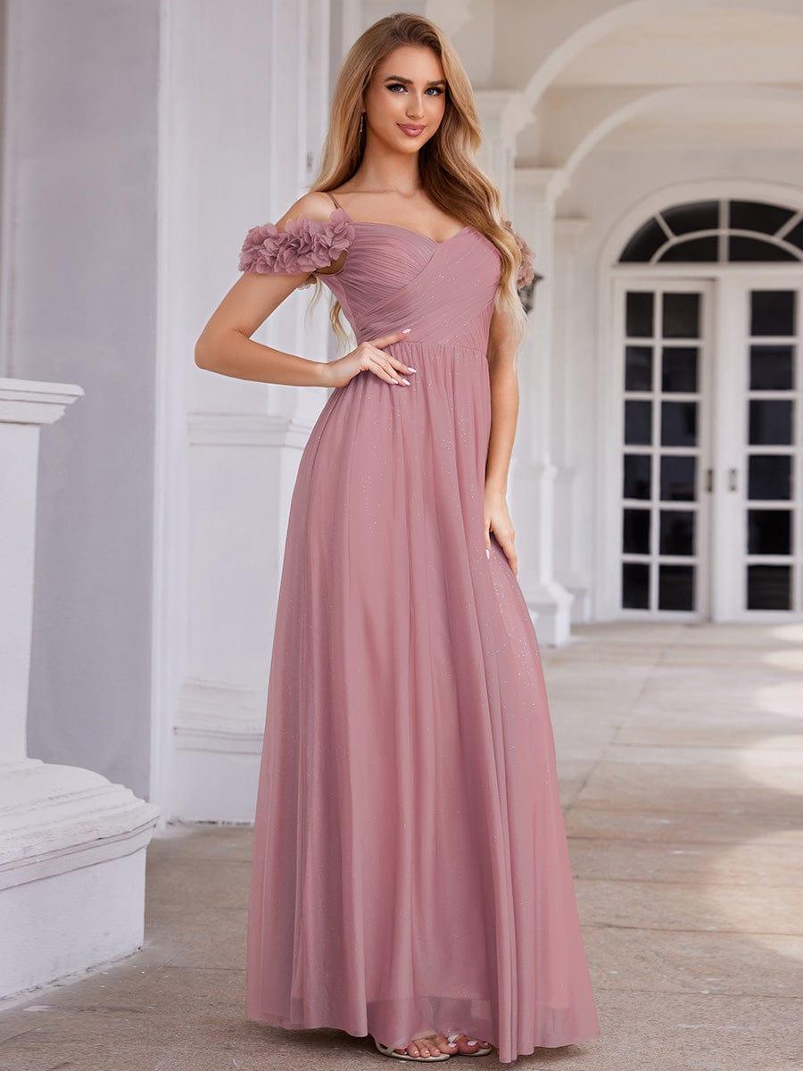 Sparkling V-Neck Floral Cold-Shoulder Evening Dress with Pleated #color_Purple Orchid