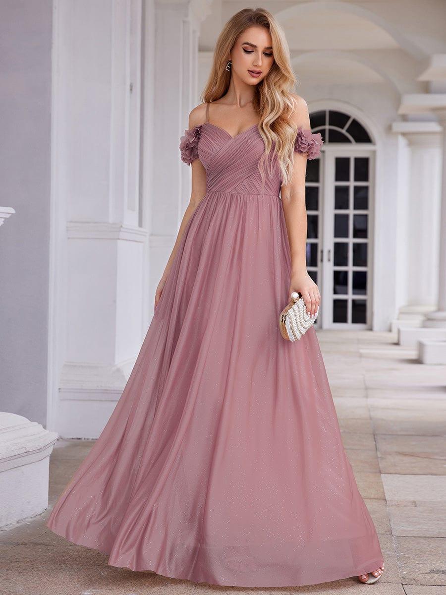 Sparkling V-Neck Floral Cold-Shoulder Evening Dress with Pleated #color_Purple Orchid