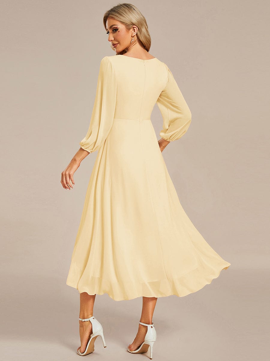See-Through Long Sleeves V-Neck A-Line Chiffon Wedding Guest Dress #color_Yellow