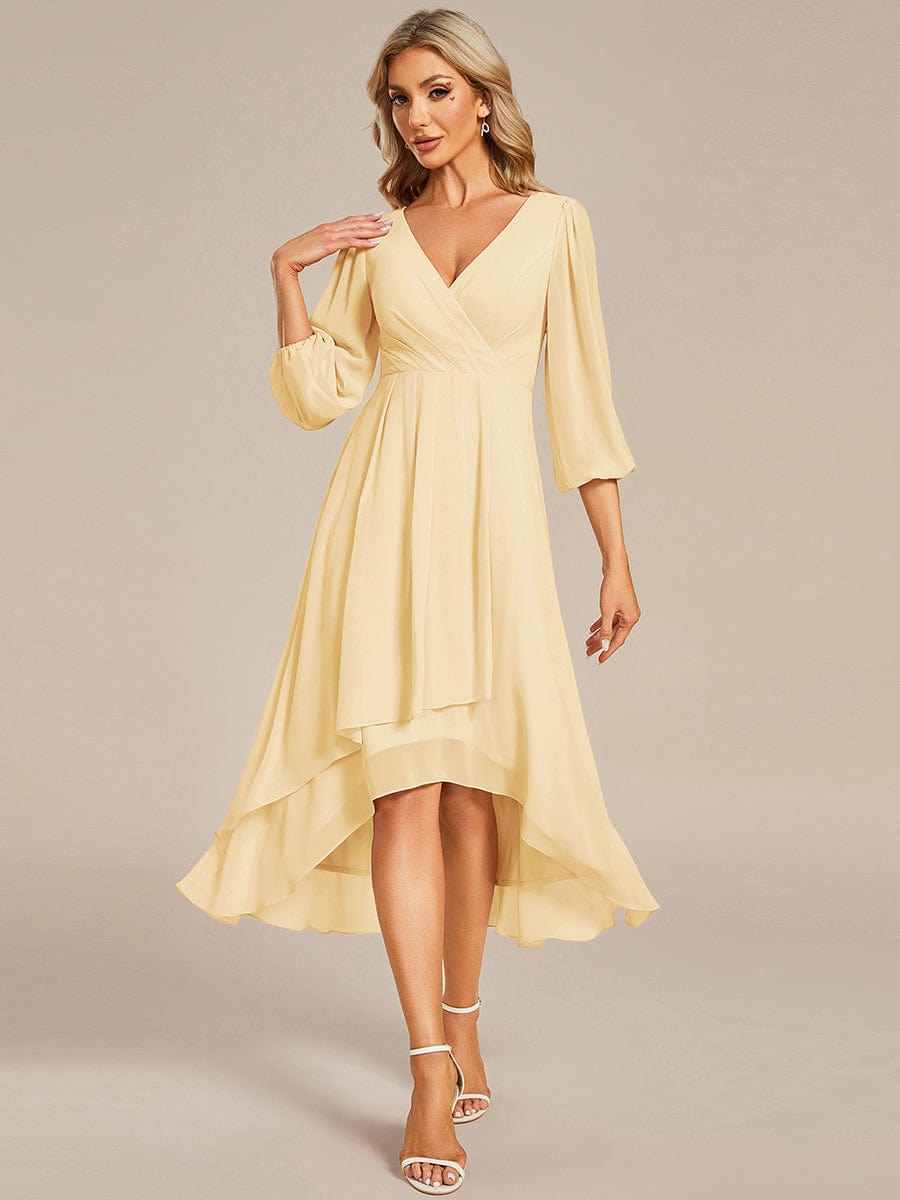 See-Through Long Sleeves V-Neck A-Line Chiffon Wedding Guest Dress #color_Yellow