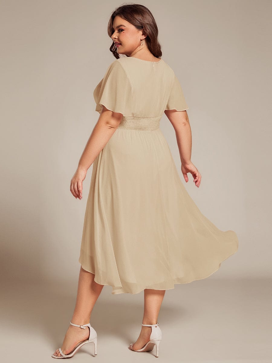 Plus Size Pleated Round Neckline A-Line Midi Chiffon Wedding Guest Dress #color_Champagne
