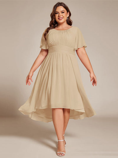 Plus Size Pleated Round Neckline A-Line Midi Chiffon Wedding Guest Dress #color_Champagne