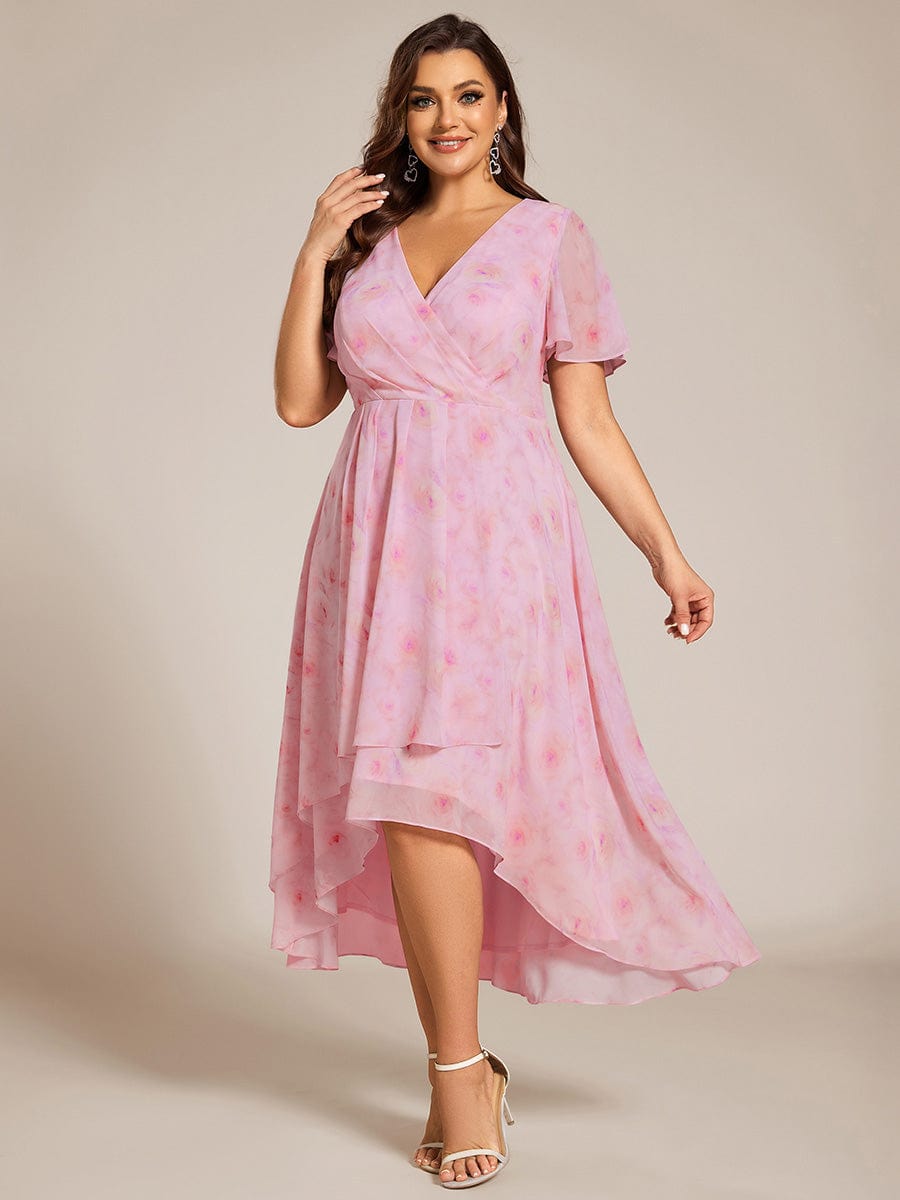 Pleated Chiffon Ruffles Sleeve Midi Bridesmaid Dress #color_Light Purple Roses