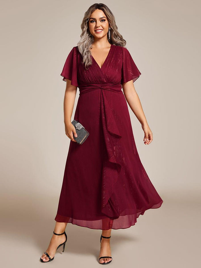 Plus Size V-Neck A-Line Wedding Guest Dress with Ruffled Hem
