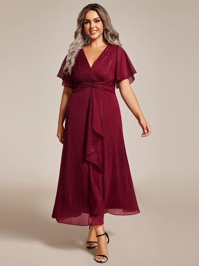 Plus Size V-Neck A-Line Wedding Guest Dress with Ruffled Hem