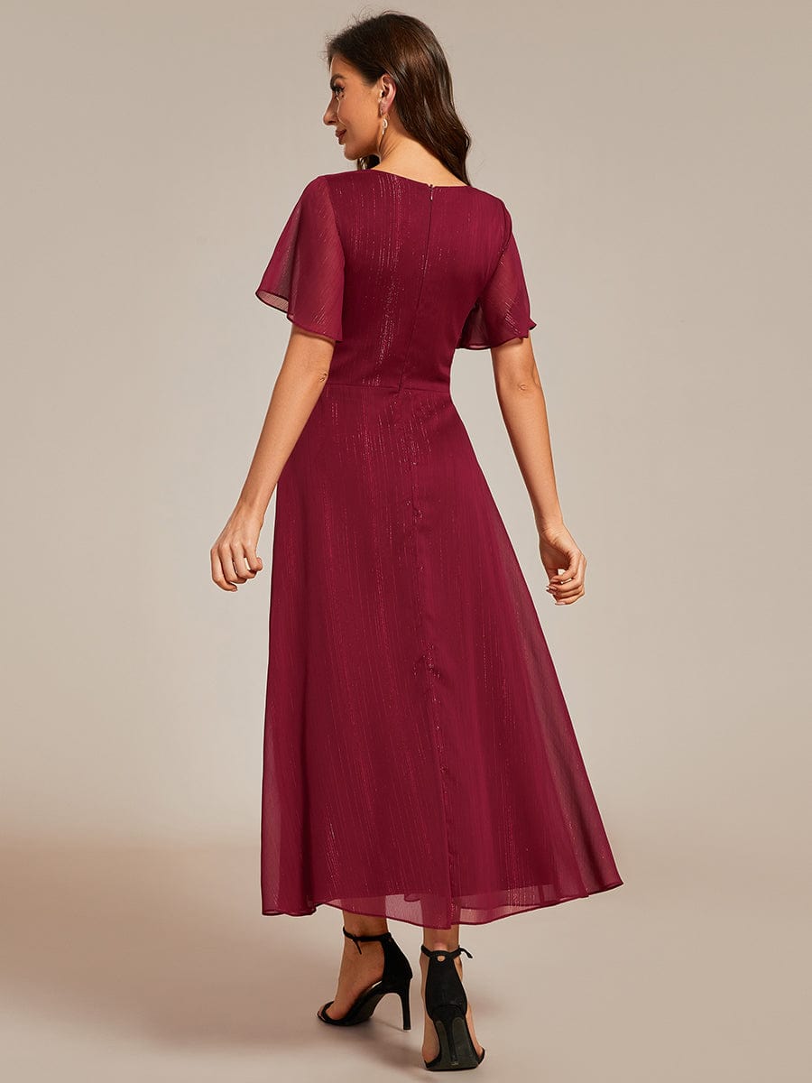 Silver Metallic Fabric V-Neck A-Line Dress featuring Delicate Ruffled Hem #color_Burgundy