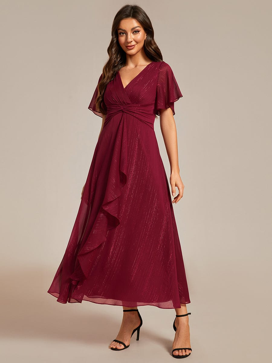Silver Metallic Fabric V-Neck A-Line Dress featuring Delicate Ruffled Hem #color_Burgundy