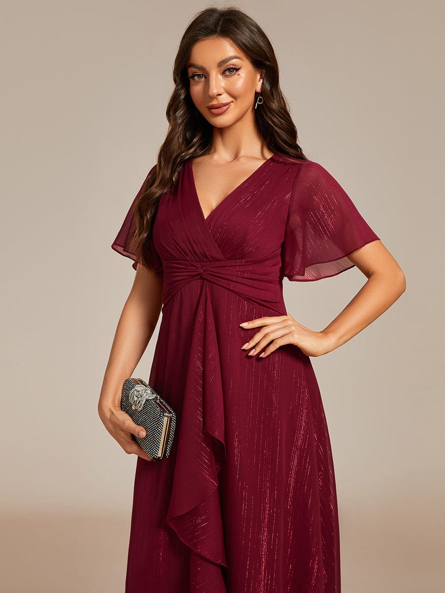 Plus Size Silver Metallic Fabric V-Neck A-Line Dress featuring Delicate Ruffled Hem #color_Burgundy