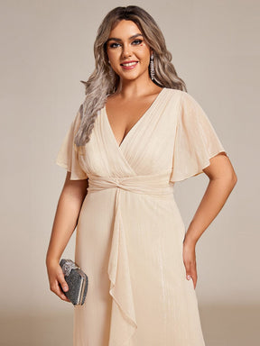 Plus Size Silver Metallic Fabric V-Neck A-Line Wedding Guest Dress featuring Delicate Ruffled Hem