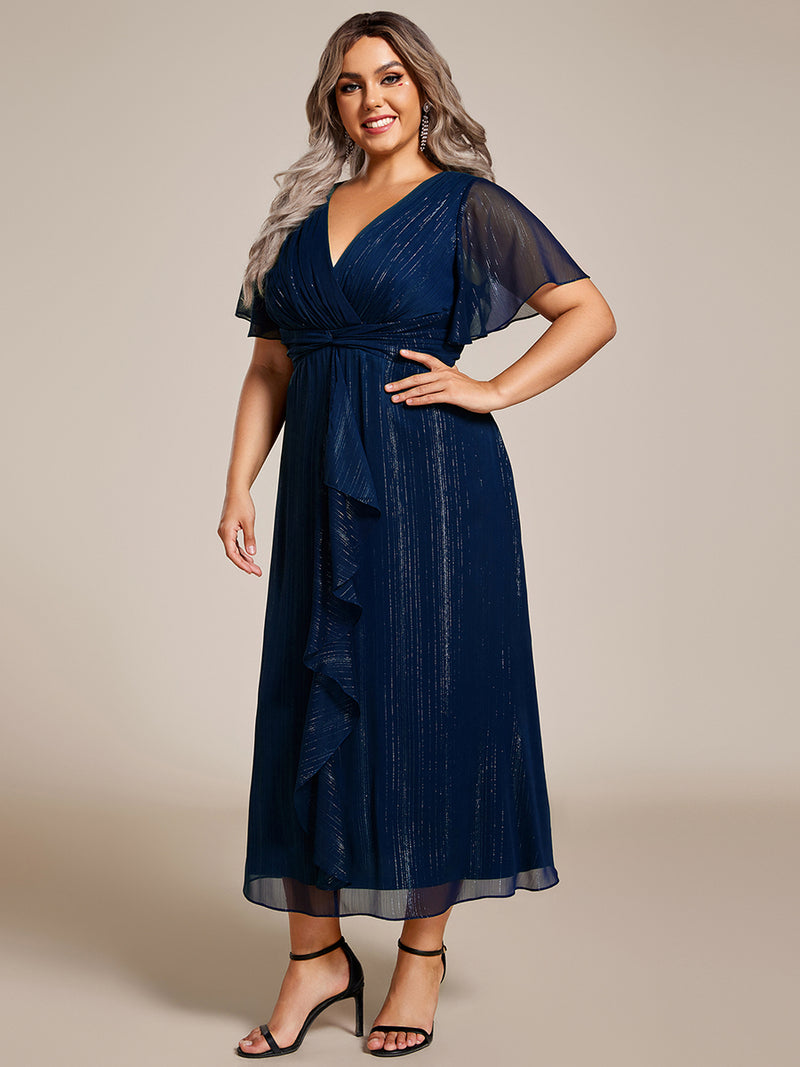 Plus Size V-Neck A-Line Wedding Guest Dress with Ruffled Hem