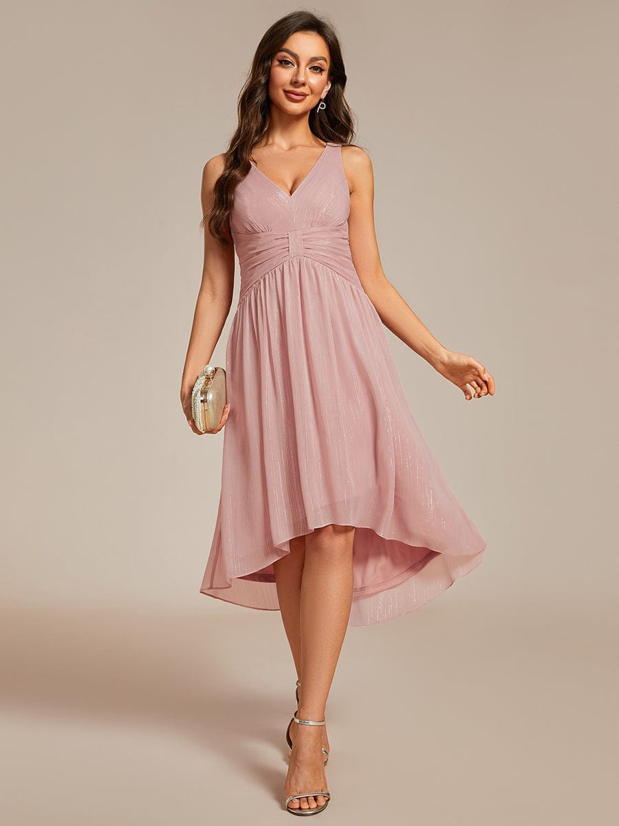 V-Neck High-Low Glitter Sleeveless Wedding Guest Dress with Pleated